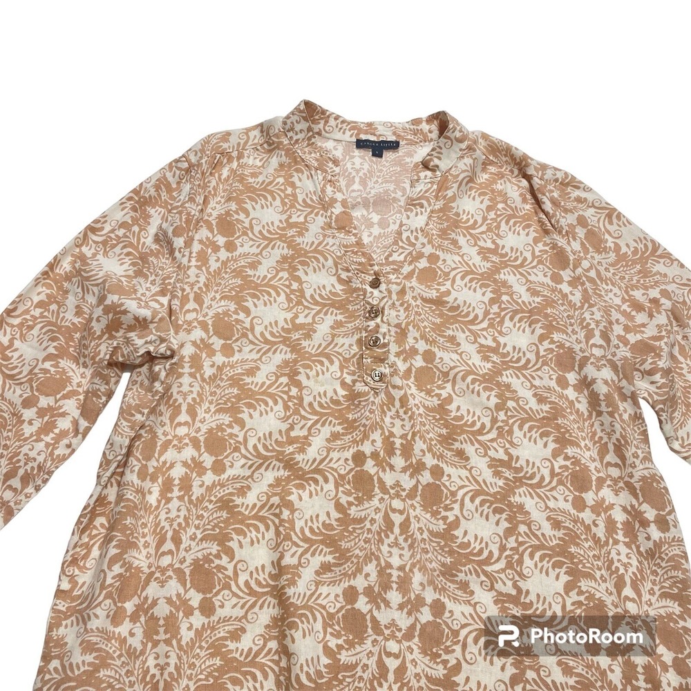 Carole Little Women's Beige Floral Print 3/4 Sleeve Button Linen Blend Top Women